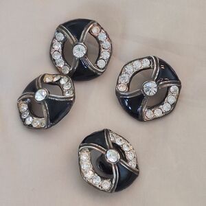 Antique Vintage Crystal Buttons Black Enamel with Rhinestones LOT OF FOUR (4)